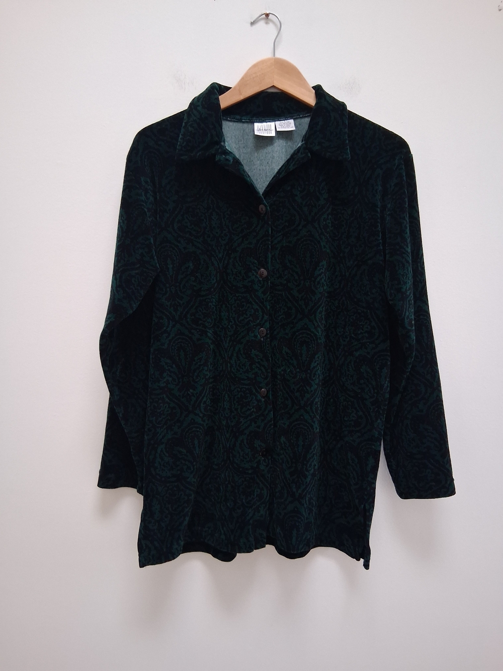 Vintage Jason Maxwell Dark Green Paisley Velvet Button-Front Tunic Shirt Small